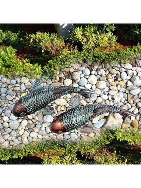 Set of 2 Antique Koi Fish Garden Statues - Outdoor Decor for Yard & Pond